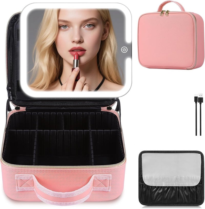 Gattica Makeup Bag with LED Mirror, Cute Cosmetic Bags Birthday Gifts for Girls Women, Makeup Train Case Artists Organizer Large Make Up Bags with Light Up Mirror 3 Color Lights (Pink) - Image 1
