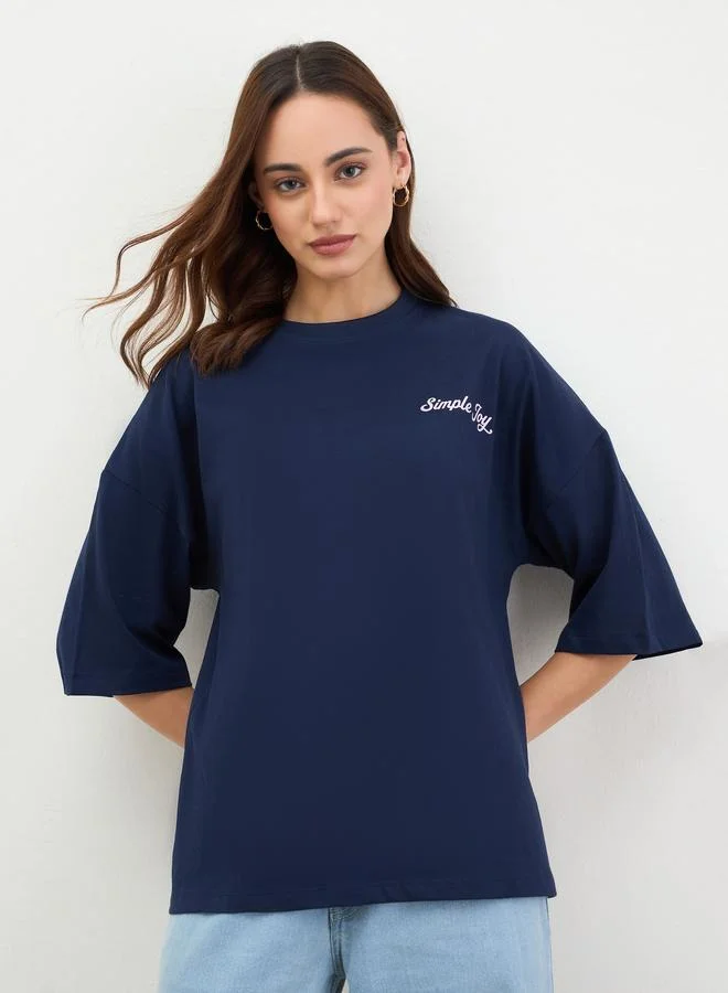 Navy Blue Oversized Slogan T-Shirt