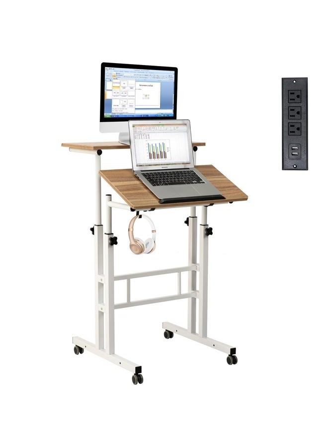 Hadulcet Mobile Standing Desk with Charging Station, Adjustable Standing Computer Desk, Standing Adjustable Laptop Cart with Wheels for Home Office Classroom Vintage Oak - Image 1