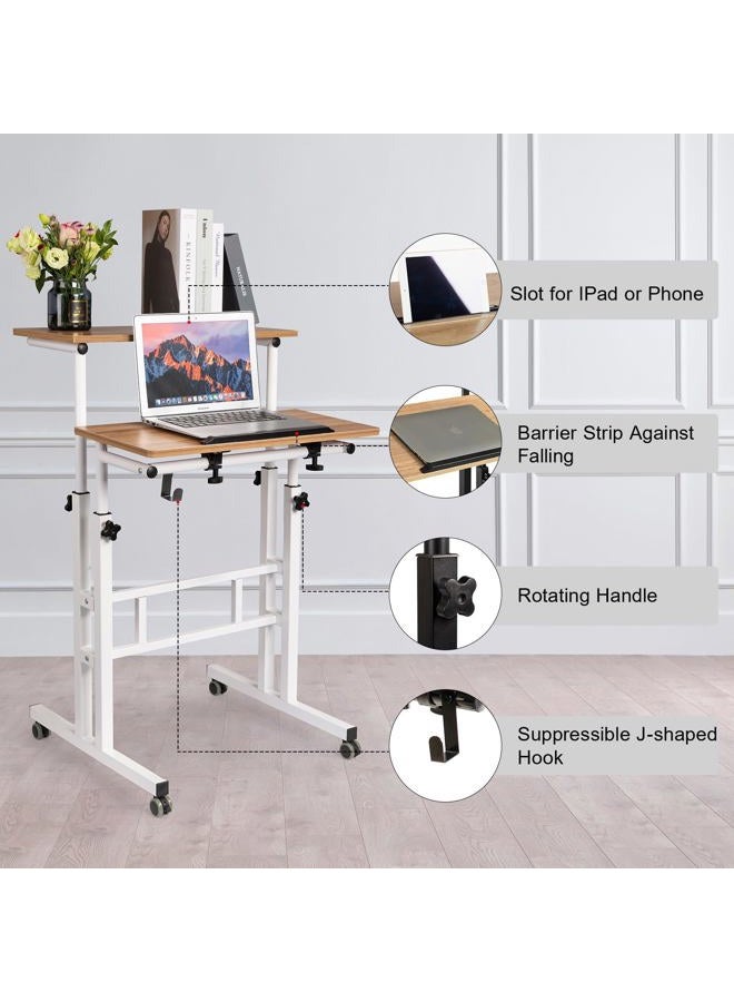 Hadulcet Mobile Standing Desk with Charging Station, Adjustable Standing Computer Desk, Standing Adjustable Laptop Cart with Wheels for Home Office Classroom Vintage Oak - Image 3