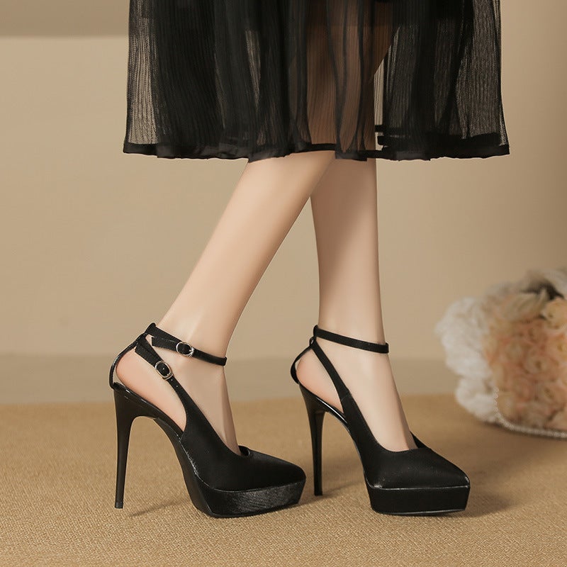 1233-1 One-Character Baotou Sandals Pointed-Toe Stiletto Heels Waterproof Platform Super High-Heeled Satin Shoes Not Tired - Image 2