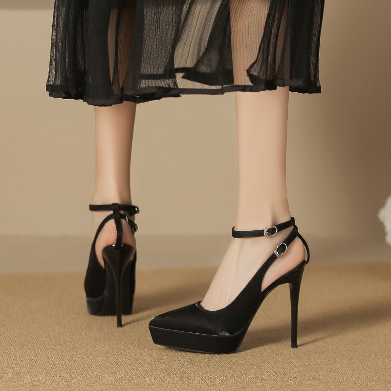 1233-1 One-Character Baotou Sandals Pointed-Toe Stiletto Heels Waterproof Platform Super High-Heeled Satin Shoes Not Tired - Image 5