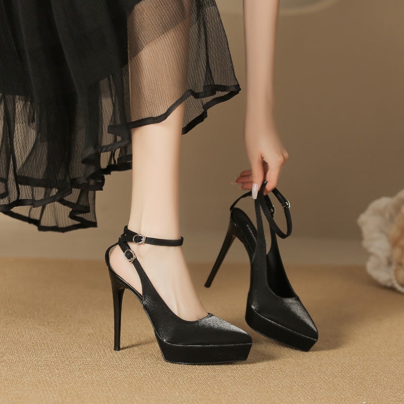 1233-1 One-Character Baotou Sandals Pointed-Toe Stiletto Heels Waterproof Platform Super High-Heeled Satin Shoes Not Tired - Image 3