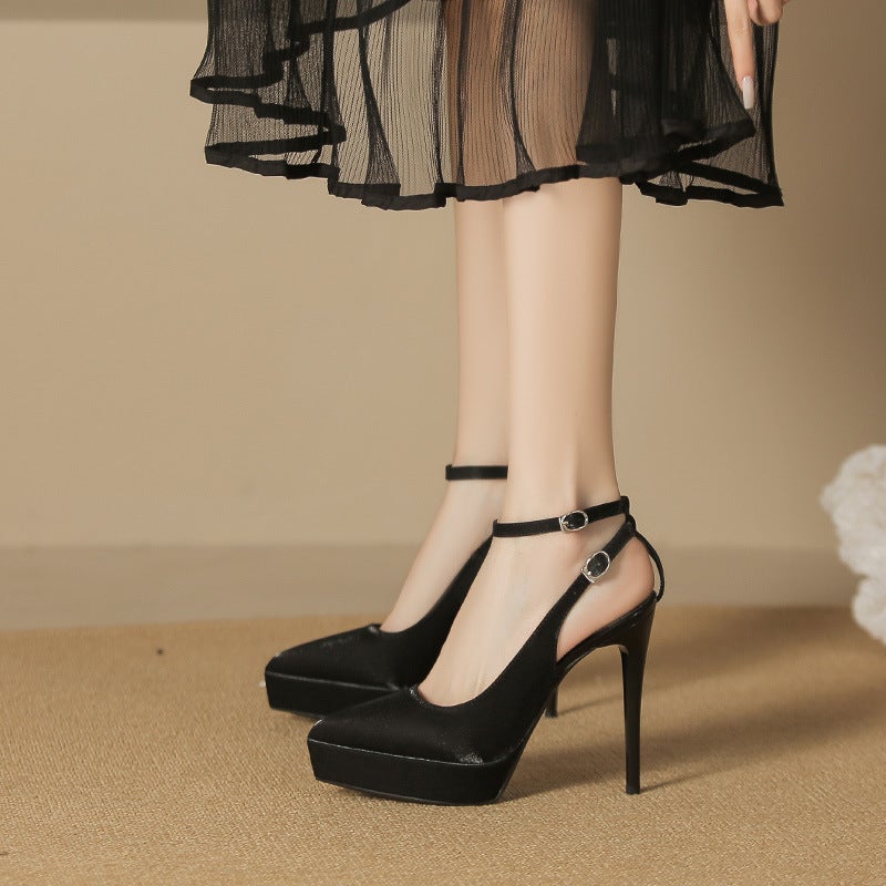 1233-1 One-Character Baotou Sandals Pointed-Toe Stiletto Heels Waterproof Platform Super High-Heeled Satin Shoes Not Tired - Image 4