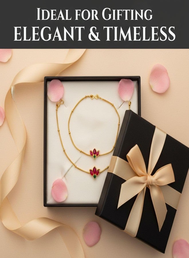 Varnii Traditional Gold-Plated Lotus Design Anklet for Women & Girls | Elegant Red & Green Stone Payal | Ethnic Wedding & Festive Foot Jewelry | Lightweight Daily Use Gift Accessory - Image 5