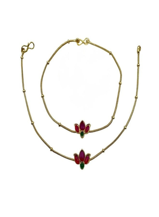 Varnii Traditional Gold-Plated Lotus Design Anklet for Women & Girls | Elegant Red & Green Stone Payal | Ethnic Wedding & Festive Foot Jewelry | Lightweight Daily Use Gift Accessory - Image 1