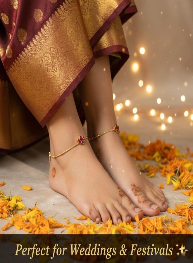 Varnii Traditional Gold-Plated Lotus Design Anklet for Women & Girls | Elegant Red & Green Stone Payal | Ethnic Wedding & Festive Foot Jewelry | Lightweight Daily Use Gift Accessory - Image 3
