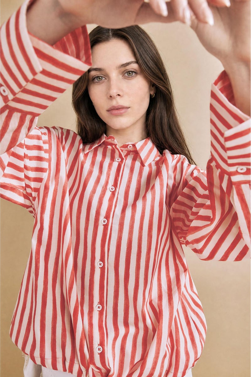DeFacto Red Woman Relax Fit Striped Voile Red Tunic Casual - Image 3