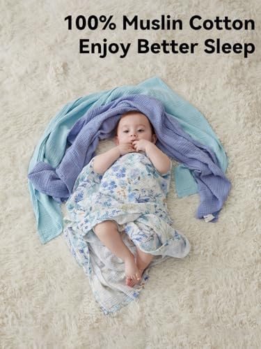 TILLYOU 3 Pack Muslin Swaddles for Newborns Baby Blankets for Girls Boys Cotton Swaddle Blankets 40X40 Blue Flower - Image 3