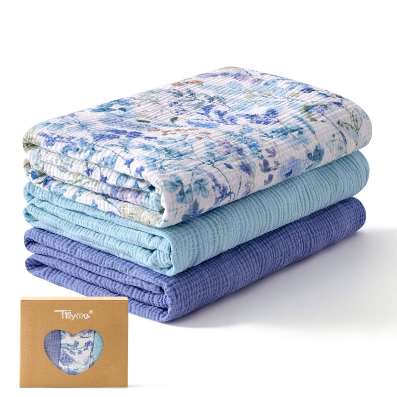 TILLYOU 3 Pack Muslin Swaddles for Newborns Baby Blankets for Girls Boys Cotton Swaddle Blankets 40X40 Blue Flower - Image 2
