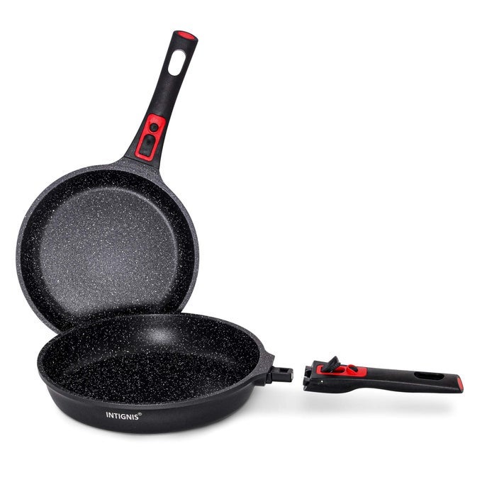 FRYING PAN NON STICK WITH REMOVABLE HANDLE SCRATCH RESISTANT DURABLE INDUCTION READY WITH STAINLESS STEEL BASE CHEMICAL FREE CERAMIC COATING OVEN SAFE SKILLET FRYING PANS SET