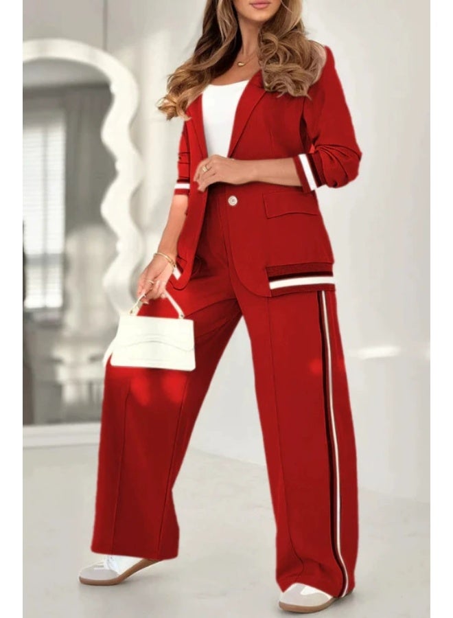 general Blazer Sets Women 2 Piece Outfits Ribbed Sets One Button Blazer and Wide Leg Pants Suits Casual Business Outfits - Image 1