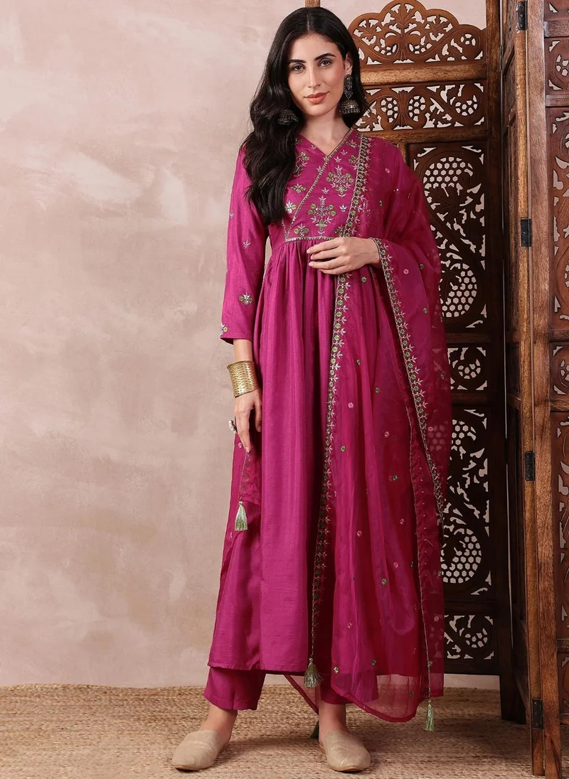 ZERESOUQ Pink Silk Blend Solid Embroidered A-Line 3-Piece Kurta Set