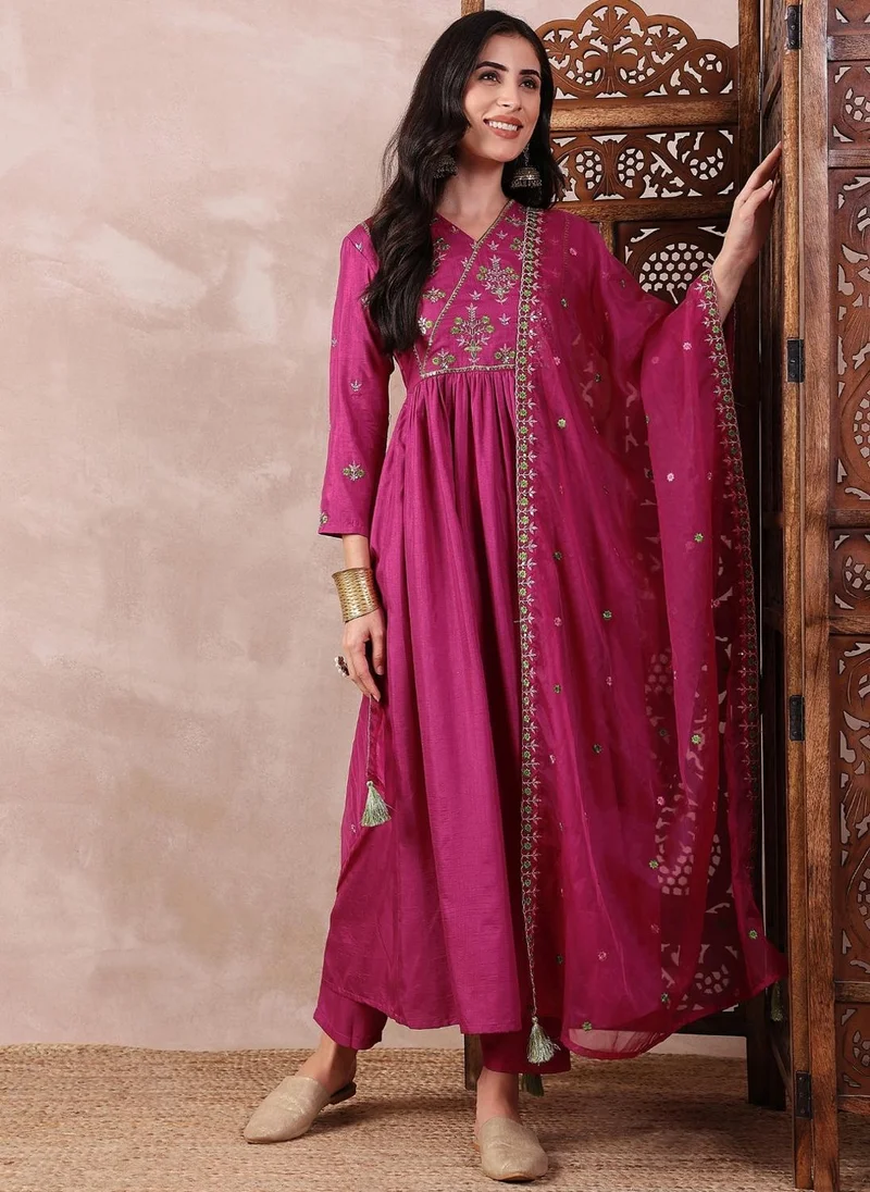 ZERESOUQ Pink Silk Blend Solid Embroidered A-Line 3-Piece Kurta Set