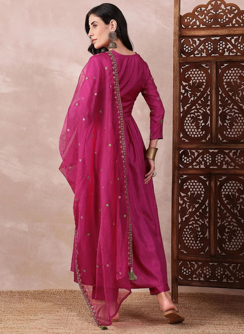 ZERESOUQ Pink Silk Blend Solid Embroidered A-Line 3-Piece Kurta Set