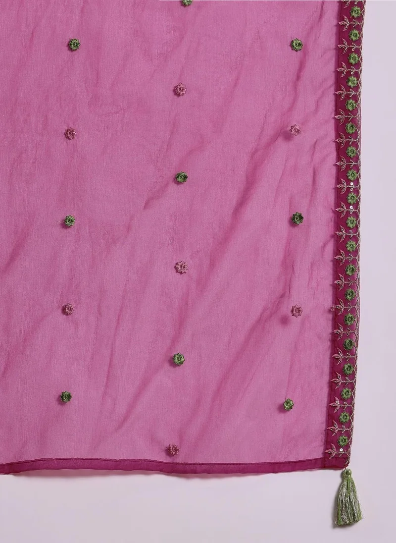 ZERESOUQ Pink Silk Blend Solid Embroidered A-Line 3-Piece Kurta Set