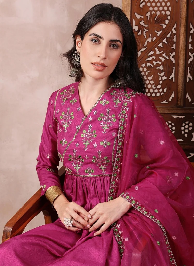 ZERESOUQ Pink Silk Blend Solid Embroidered A-Line 3-Piece Kurta Set