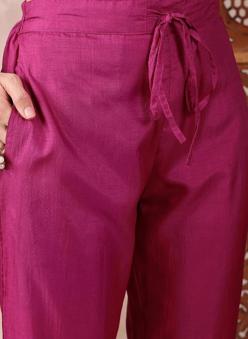 ZERESOUQ Pink Silk Blend Solid Embroidered A-Line 3-Piece Kurta Set