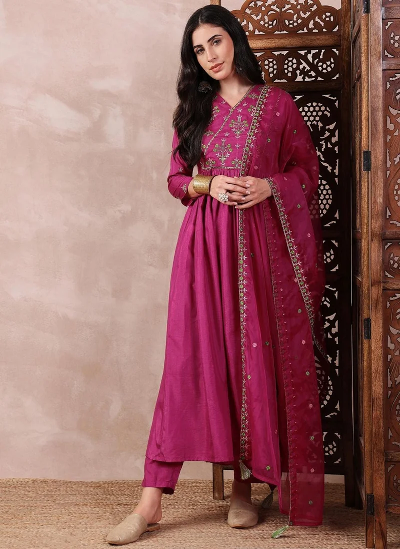 ZERESOUQ Pink Silk Blend Solid Embroidered A-Line 3-Piece Kurta Set
