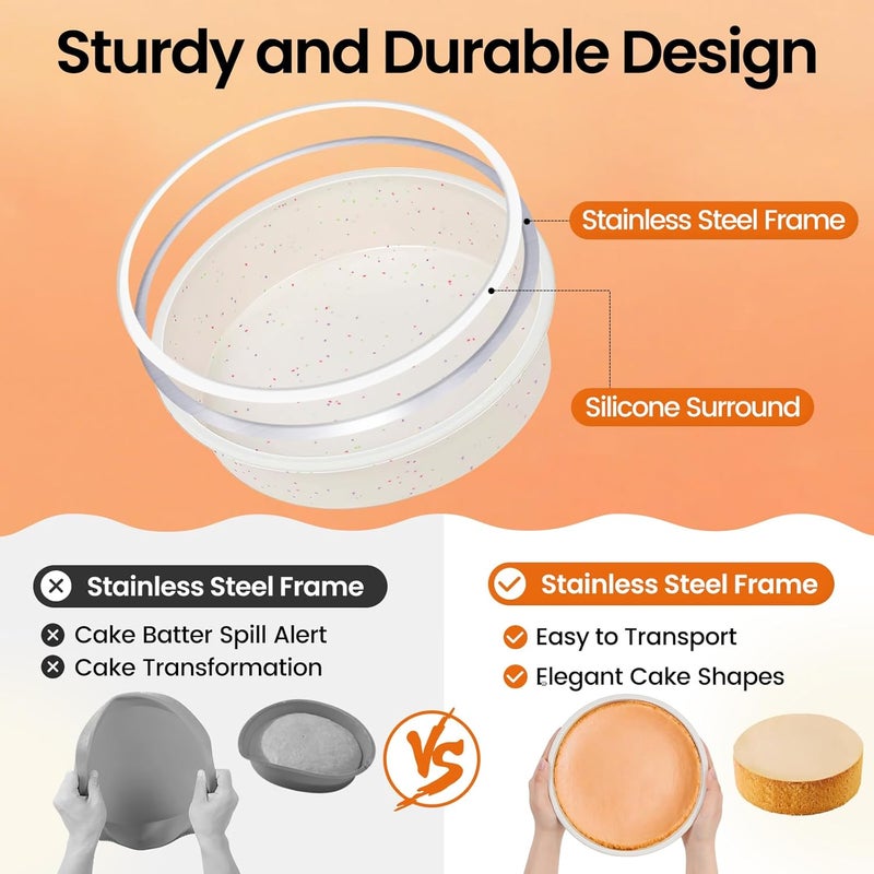 SJ 8 Inch Silicone Round Cake Pan with Metal Reinforced Frame Set of 3, Nonstick Silicone Cake Mold for Baking Suitable for Making Layers, Cheese & Chocolate Cakes - Image 3