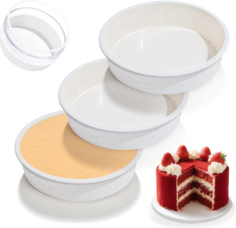 SJ 8 Inch Silicone Round Cake Pan with Metal Reinforced Frame Set of 3, Nonstick Silicone Cake Mold for Baking Suitable for Making Layers, Cheese & Chocolate Cakes - Image 1