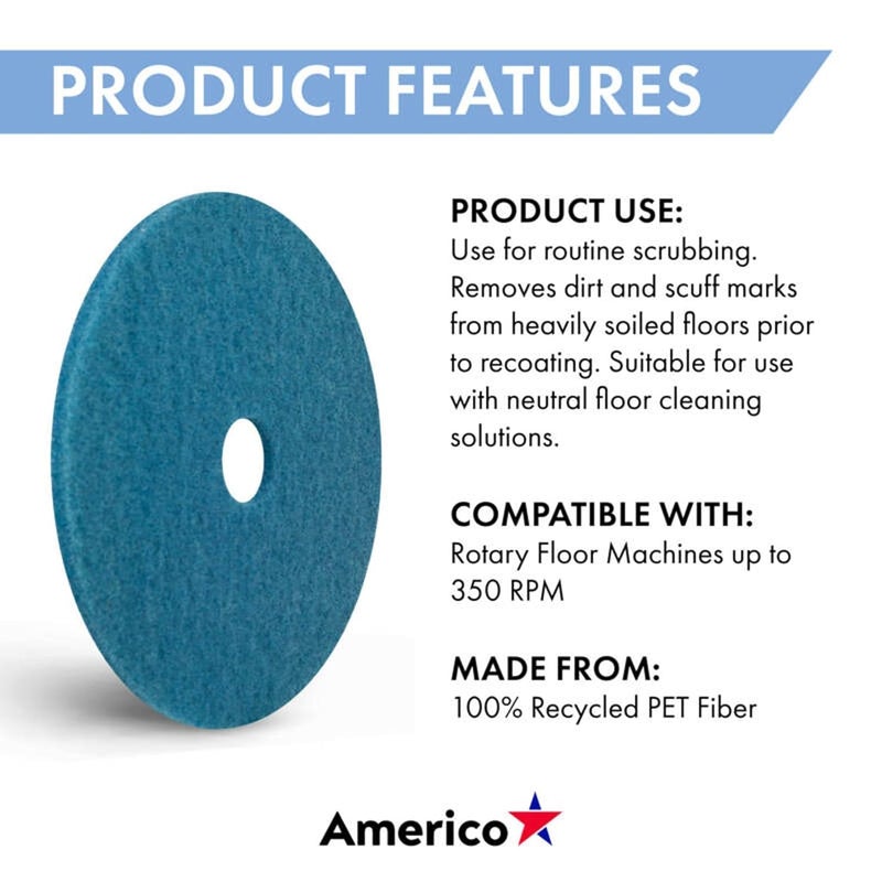 Americo Blue Cleaner Floor Pad, 18" Diameter, 3.25" Center Hole, 5 Pads/Case, Machine Cleaner Floor Pads for Medium Scrubbing, Made of 100% Recycled Content, USA Made - Image 4