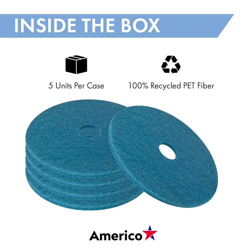 Americo Blue Cleaner Floor Pad, 18" Diameter, 3.25" Center Hole, 5 Pads/Case, Machine Cleaner Floor Pads for Medium Scrubbing, Made of 100% Recycled Content, USA Made - Image 3