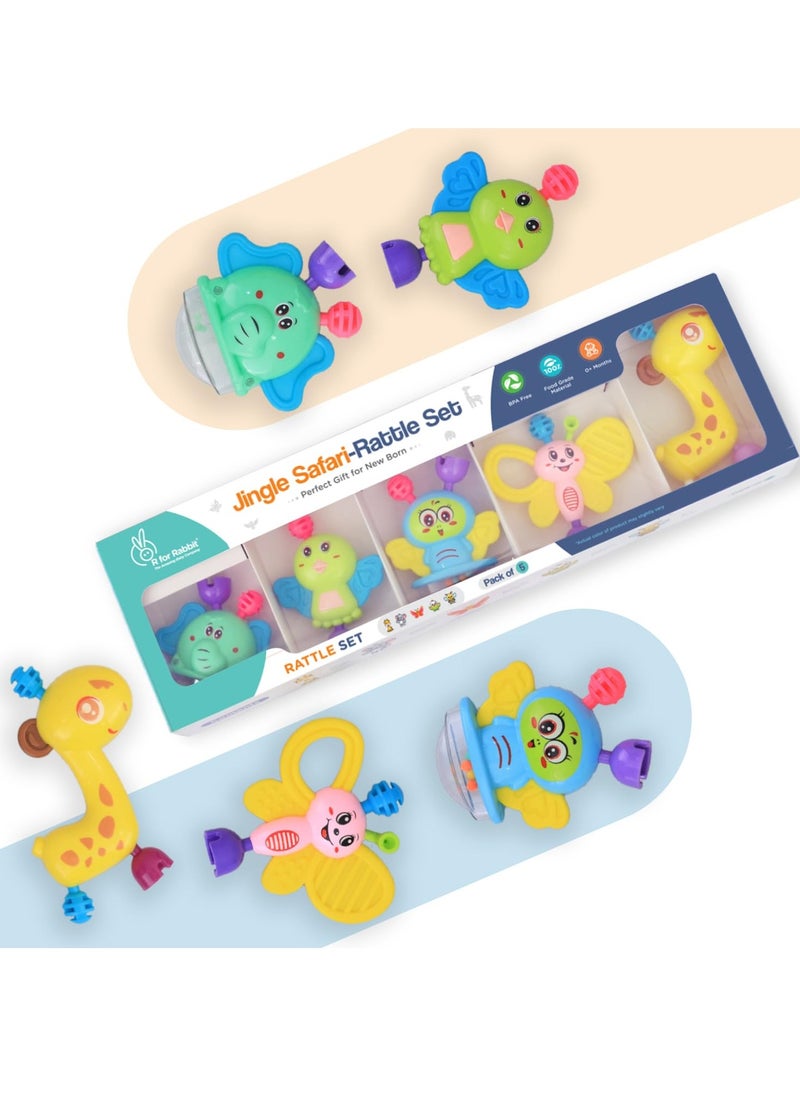 R for Rabbit Jingle Safari Infant Kids Rattles Toys Set for New Born Baby Lightweight 5 Pcs Combo Toy Set for 0 to 24 Month Children (Multicolor)  - Image 1