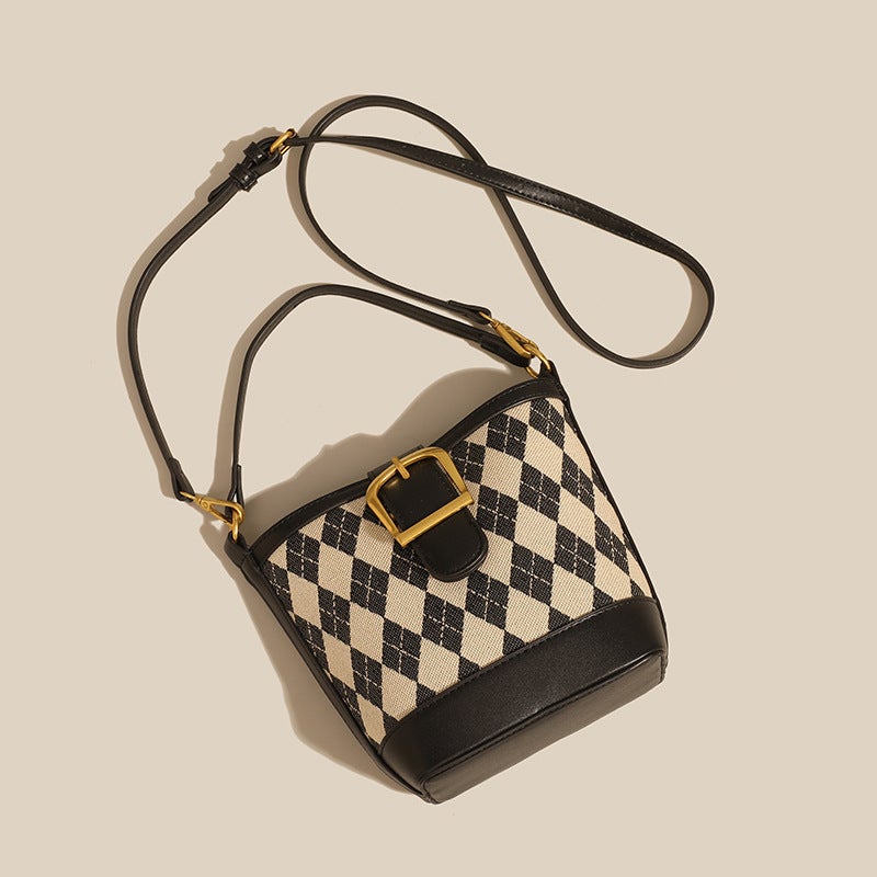 Women'S Bag 2023 New Fashion Rhombus Bucket Bag Niche Retro Stitching Plaid Portable Crossbody Shoulder Bag - Image 5