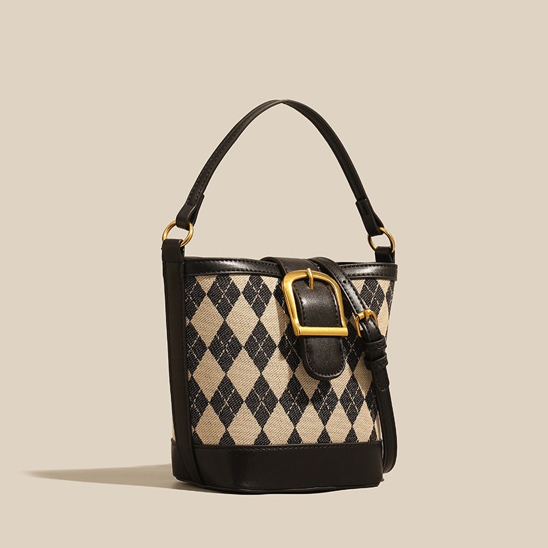 Women'S Bag 2023 New Fashion Rhombus Bucket Bag Niche Retro Stitching Plaid Portable Crossbody Shoulder Bag - Image 4
