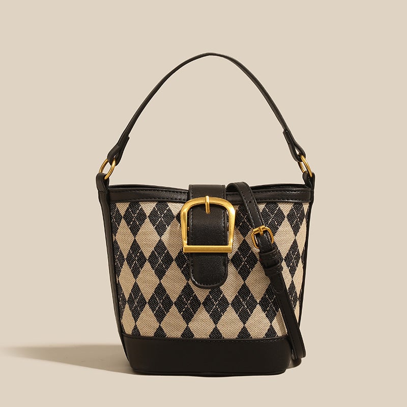 Women'S Bag 2023 New Fashion Rhombus Bucket Bag Niche Retro Stitching Plaid Portable Crossbody Shoulder Bag - Image 1
