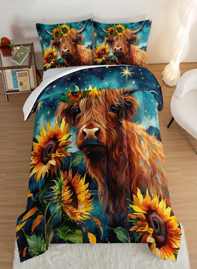 HOSIMA Highland Cow Comforter Set,Western Farmhouse Animals Cow and Sunflower Print Bedding Set 3Pcs with 2 Pillowcases,Galaxy Star Moon Comforter,Floral Comforter Twin Bed in a Bag. - Image 1