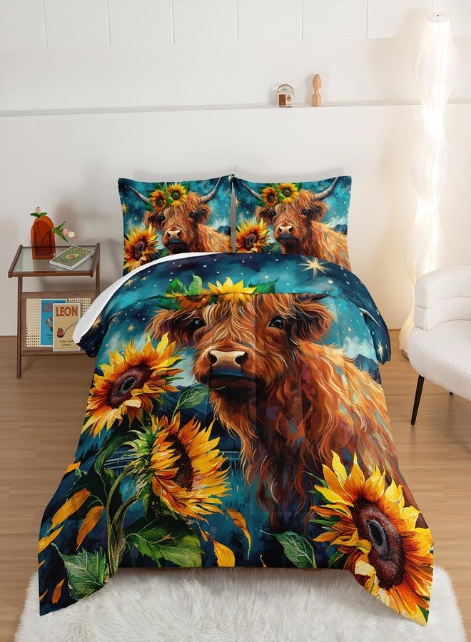 HOSIMA Highland Cow Comforter Set,Western Farmhouse Animals Cow and Sunflower Print Bedding Set 3Pcs with 2 Pillowcases,Galaxy Star Moon Comforter,Floral Comforter Twin Bed in a Bag. - Image 2