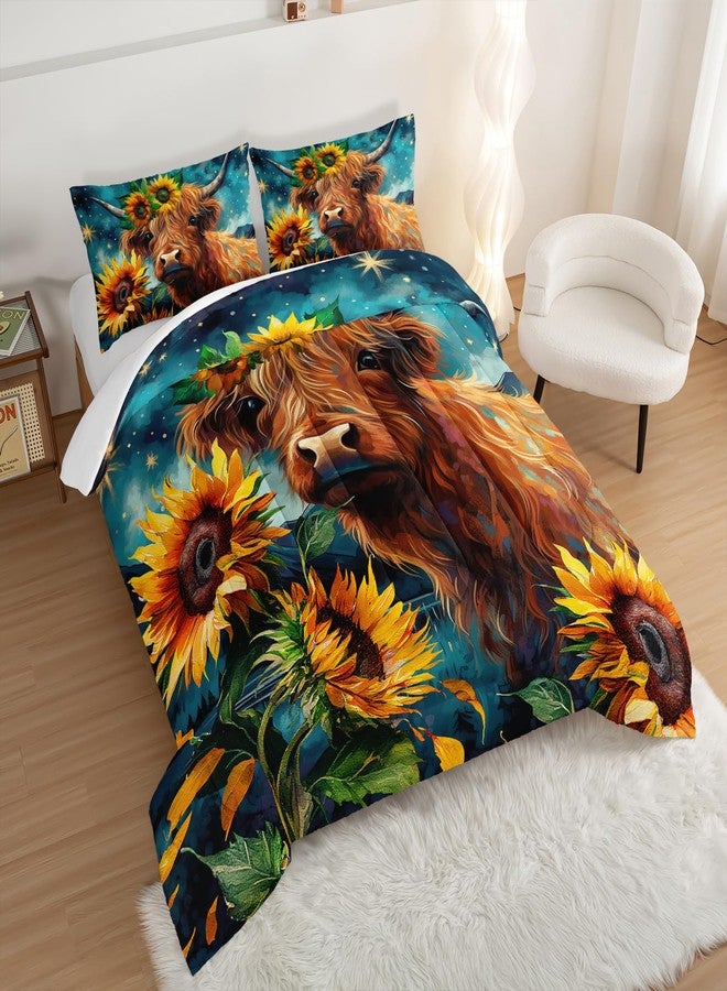 HOSIMA Highland Cow Comforter Set,Western Farmhouse Animals Cow and Sunflower Print Bedding Set 3Pcs with 2 Pillowcases,Galaxy Star Moon Comforter,Floral Comforter Twin Bed in a Bag. - Image 3