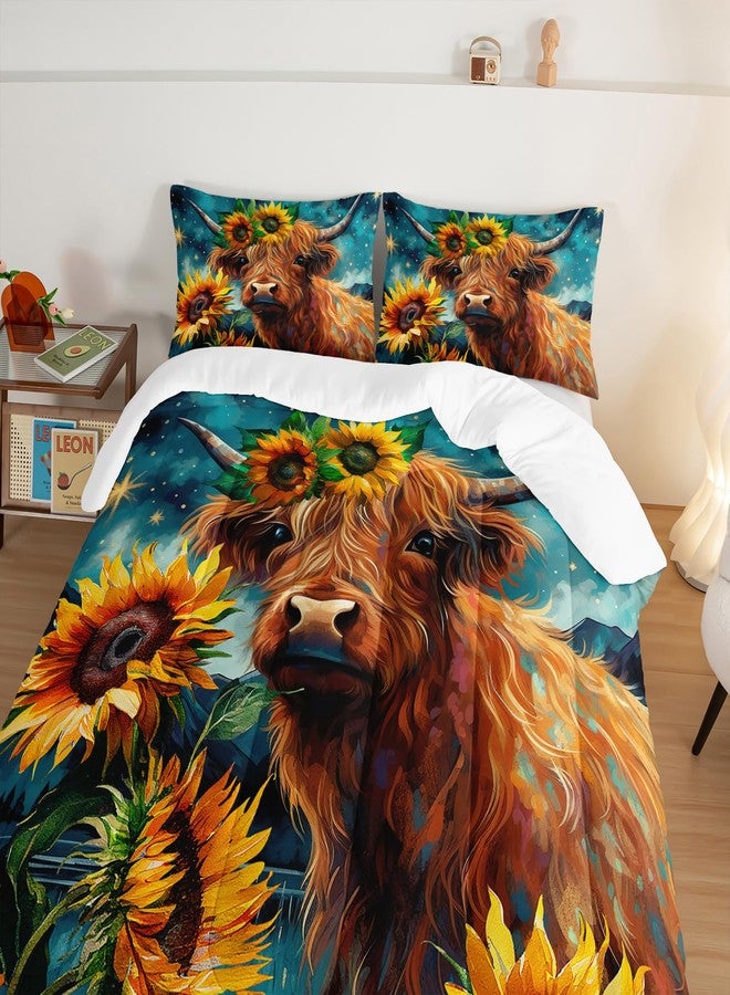 HOSIMA Highland Cow Comforter Set,Western Farmhouse Animals Cow and Sunflower Print Bedding Set 3Pcs with 2 Pillowcases,Galaxy Star Moon Comforter,Floral Comforter Twin Bed in a Bag. - Image 4