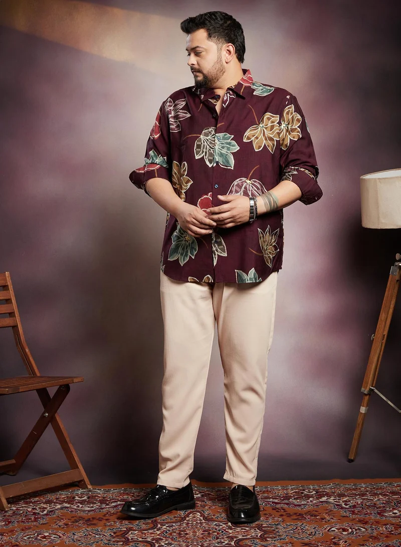 Instafab Plus Instafab Plus Men's Burgundy Red Floret Imprint Shirt For Casual Wear | Spread Collar | Long Cuffed Sleeves | Button Closure | Plus Size Shirt Crafted With Comfort Fit For Everyday Wear
