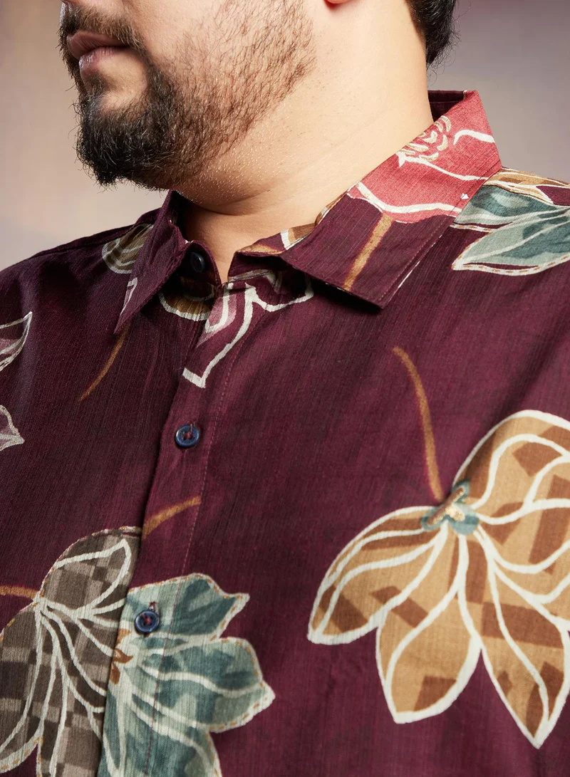 Instafab Plus Instafab Plus Men's Burgundy Red Floret Imprint Shirt For Casual Wear | Spread Collar | Long Cuffed Sleeves | Button Closure | Plus Size Shirt Crafted With Comfort Fit For Everyday Wear