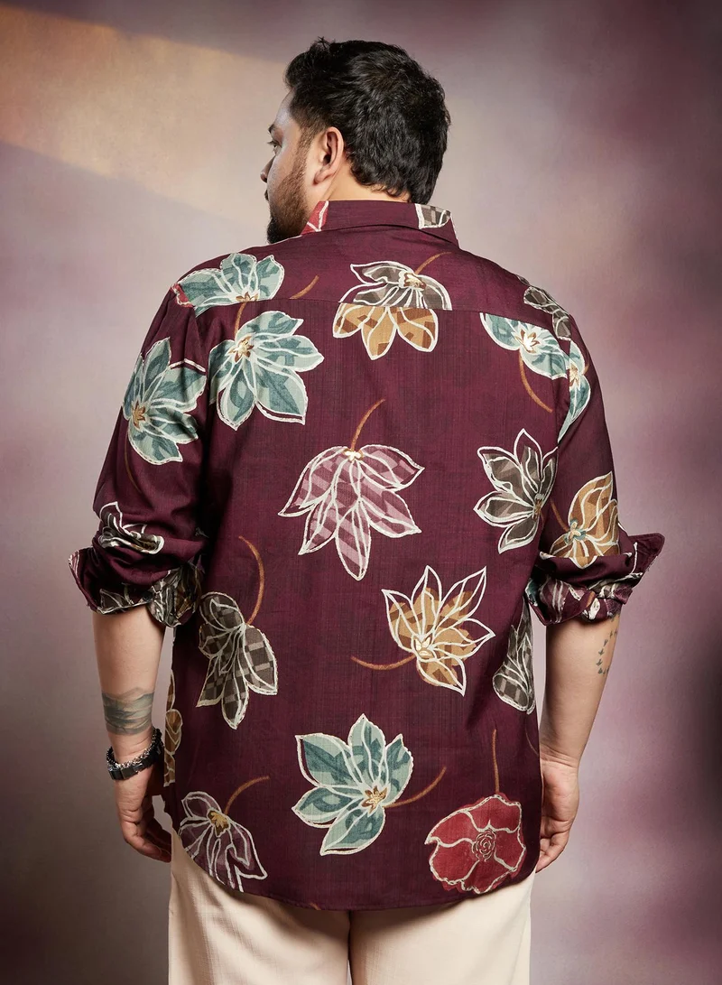 Instafab Plus Instafab Plus Men's Burgundy Red Floret Imprint Shirt For Casual Wear | Spread Collar | Long Cuffed Sleeves | Button Closure | Plus Size Shirt Crafted With Comfort Fit For Everyday Wear