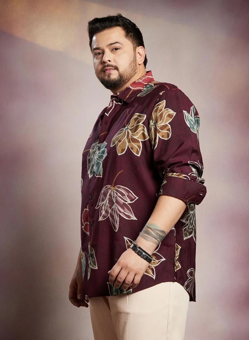 Instafab Plus Instafab Plus Men's Burgundy Red Floret Imprint Shirt For Casual Wear | Spread Collar | Long Cuffed Sleeves | Button Closure | Plus Size Shirt Crafted With Comfort Fit For Everyday Wear