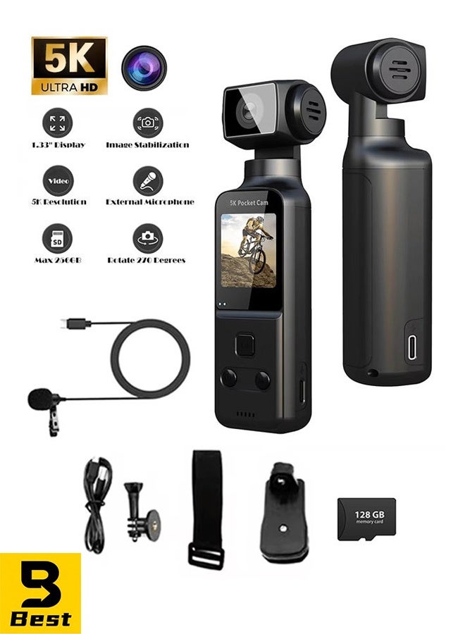 بست كاميرا فيديو محمولة بدقة 5K، كاميرا رقمية جيبية بدقة UHD 5K بمعدل 60 إطارًا في الثانية، مزودة ببطاقة TF سعة 128 جيجابايت، وكاميرا فيديو جيروسكوبية سداسية المحاور مع شاشة 1.33 بوصة، وعدسة دوارة بزاوية 270 درجة، وميكروفون متضمن، للتصوير الفوتوغرافي - Image 1