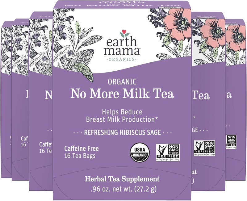 Earth Mama شاي إيرث ماما العضوي لوقف إنتاج الحليب - أكياس شاي عشبي لتقليل إنتاج حليب الثدي، الكركديه والميرمية، خالي من الكافيين (16 كيس شاي، عبوة من 6) - Image 1