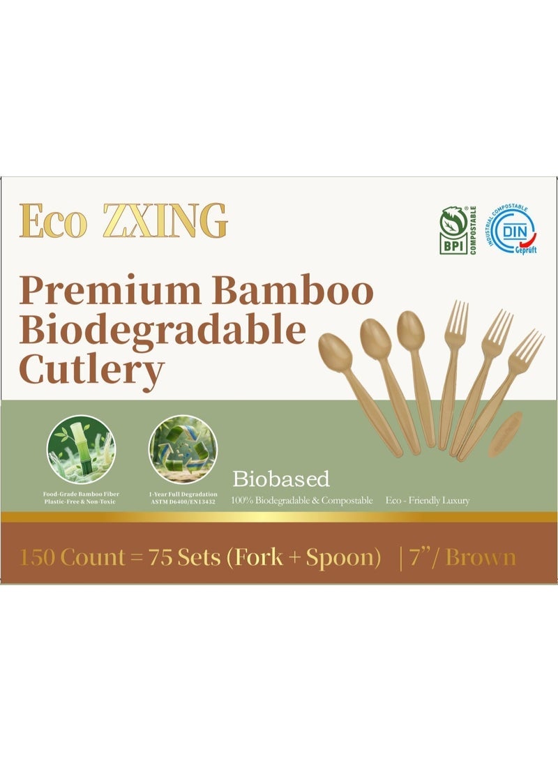 Eco ZXING Cutlery Gift Premium Eco-Friendly Luxury Biodegradable Bamboo Party Tableware Set 150 Count 7 Inch Disposable Forks and Spoons (Brown, Food Grade Bamboo Fiber, Plastic Free, Non - Toxic, 100% Biodegradable & Compostable) for Wedding, Birthday, Picnic & All Event Celebrations, Gift - Image 3