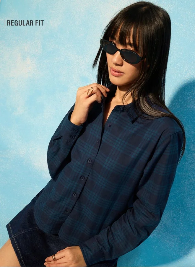 ذا سوليد ستور The Souled Store Women Regular Fit Checked Navy Blue Casual Shirt