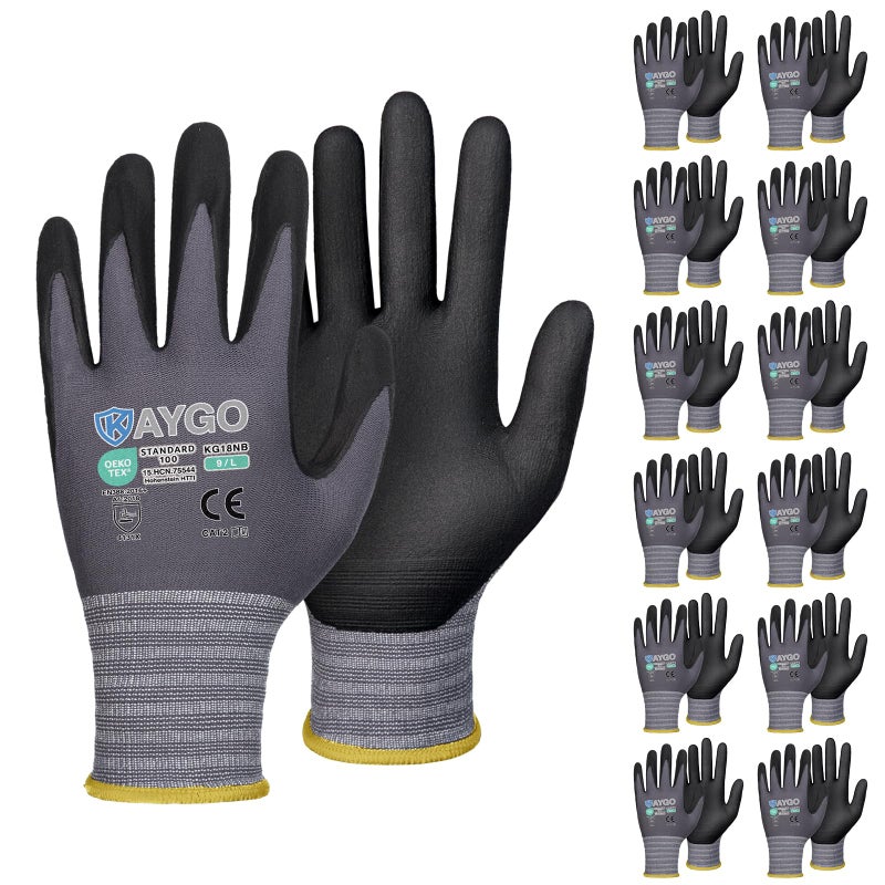 KAYGO Safety Work Gloves MicroFoam Nitrile Coated 12 Pairs KG18NBSeamless Knit Nylon Glove for Men and Women Ideal for AutomotiveWarehouseConstruction LargeGray