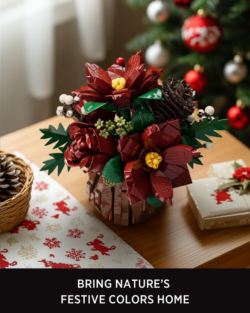 Nifeliz Poinsettia Flowers Building Set, Artificial Poinsettia Floral Arrangement for Adults, Tabletop Flower Decor for Home or Desk Display (767 PCS, NF10347) - Image 3