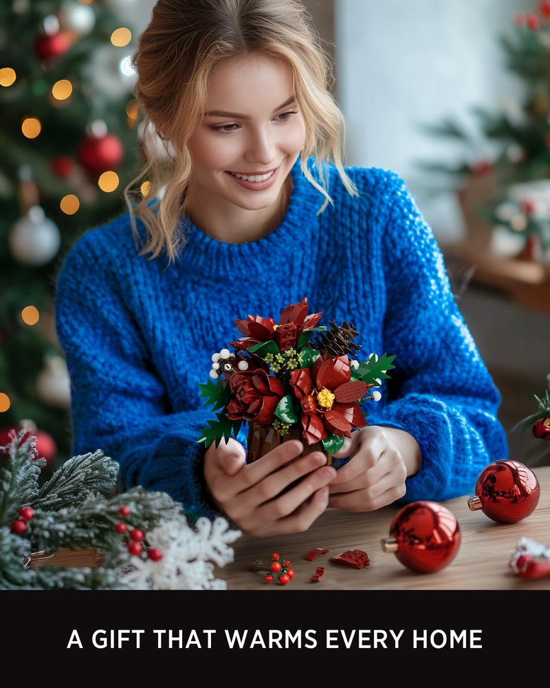 Nifeliz Poinsettia Flowers Building Set, Artificial Poinsettia Floral Arrangement for Adults, Tabletop Flower Decor for Home or Desk Display (767 PCS, NF10347) - Image 5