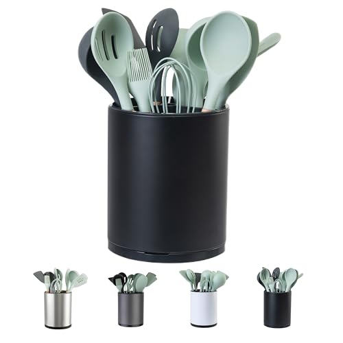 LIBODOUR Kitchen Utensil Holder Extra Large 360°Rotating For Counter Organizer Stainless Steel Storage Cooking Silverware Caddy 3 Compartment Flatware Spoon Spatula Tool Cutlery Container（Black） - Image 1