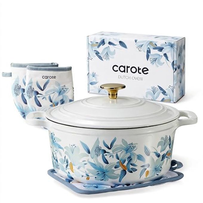 CAROTE 5 QT Cast Iron Dutch Oven Pot with Lid, Enameled Floral Dutch Ovens with Cotton Potholders & Oven Gloves, Gift Box, Cast Iron Pot for Sourdough Bread Baking, Braising, Stews, Roasting, Dual Handles, All Stovetop Compatible, Oven Safe up to 500 F, White & Blue