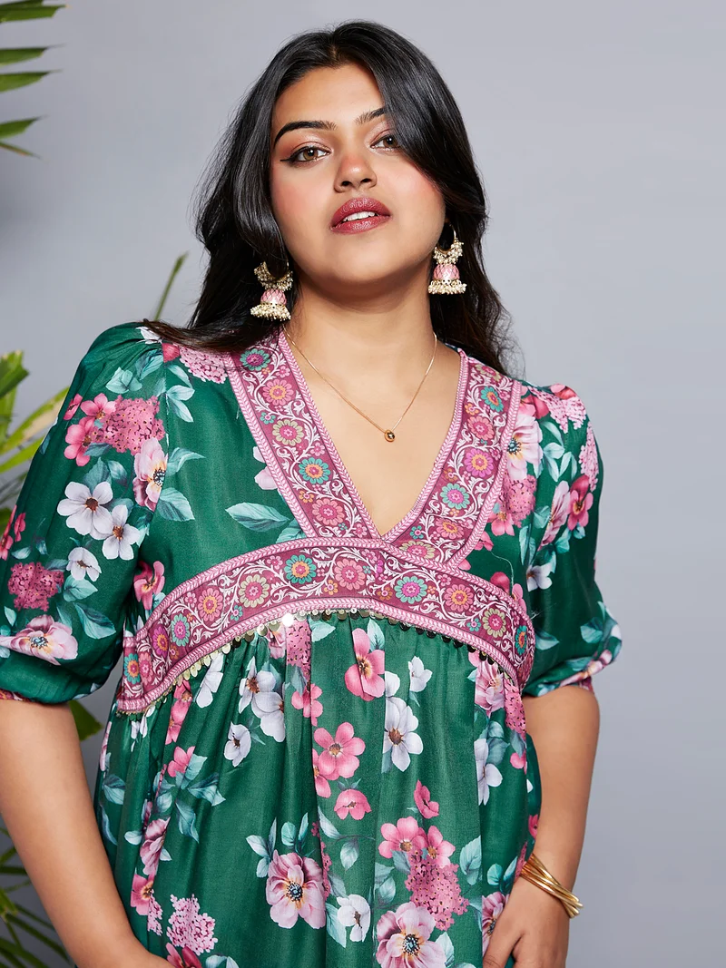 globus Globus Gloplus Women V-Neck Puff Sleeves Floral Print Lace Detailing A-Line Plus Size Midi Dress