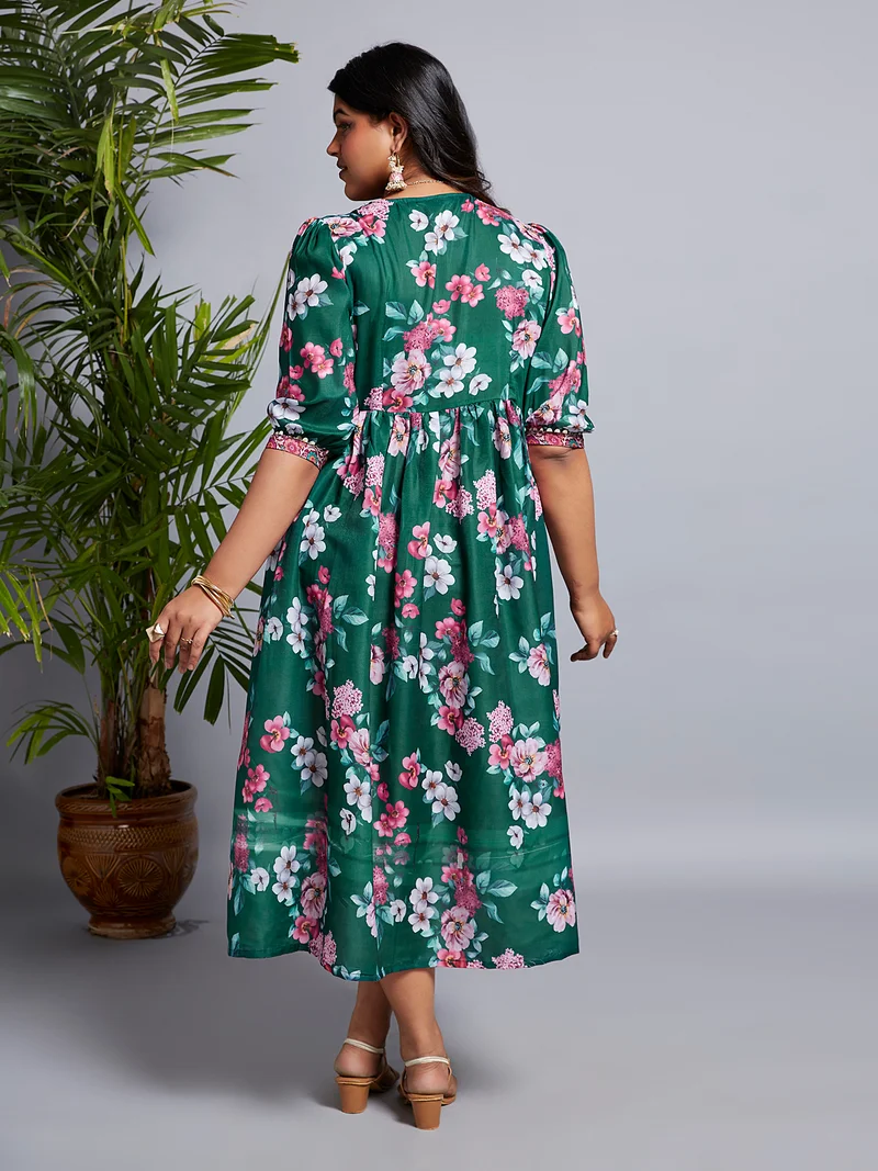 globus Globus Gloplus Women V-Neck Puff Sleeves Floral Print Lace Detailing A-Line Plus Size Midi Dress